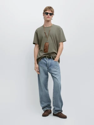 100% Cotton Short-Sleeved T-Shirt - Khaki - - Massimo Dutti - Mężczyzna