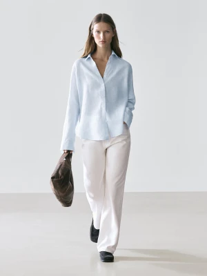 100% Linen Flowing Shirt With A Thousand Stripes - Błękitny - - Massimo Dutti - Kobieta