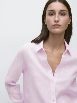 100% Linen Flowing Shirt With A Thousand Stripes - Różowy - - Massimo Dutti - Kobieta