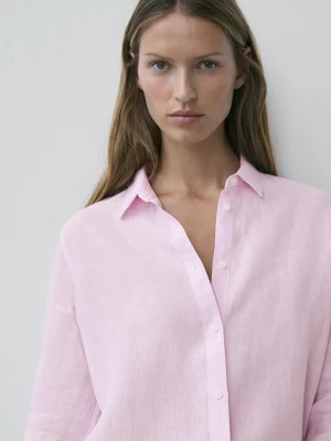 100% Linen Flowing Shirt With A Thousand Stripes - Różowy - - Massimo Dutti - Kobieta