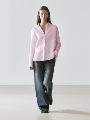 100% Linen Flowing Shirt With A Thousand Stripes - Różowy - - Massimo Dutti - Kobieta
