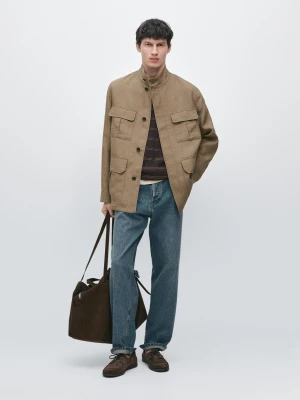 100% Linen Safari Jacket - Opalony - - Massimo Dutti - Mężczyzna