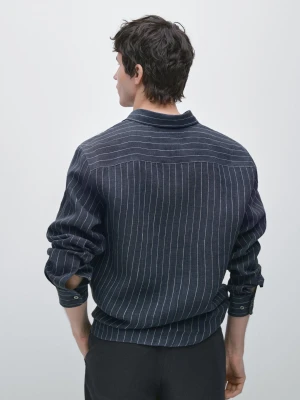 100% Linen Striped Shirt - Niebieski Sprany - - Massimo Dutti - Mężczyzna