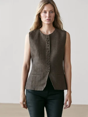 100% Linen Waistcoat With Button Detail - Czekoladowy - - Massimo Dutti - Kobieta