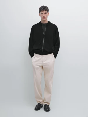 100% Merino Wool Zip-Up Cardigan - Czarny - - Massimo Dutti - Male