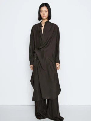 100% Silk Midi Dress With Closure Detail - Studio - Ciemny Khaki - - Massimo Dutti - Kobieta