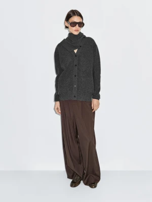 100% Wool Cardigan With Scarf Detail - Szary Średni - - Massimo Dutti - Female