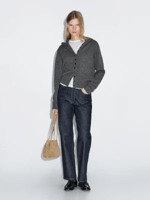 100% Wool Hooded Knit Cardigan - Szary Antracytowy - - Massimo Dutti - Female