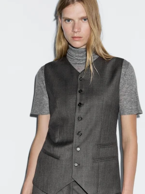 100% Wool Suit Waistcoat - Szarobrązowy - - Massimo Dutti - Female