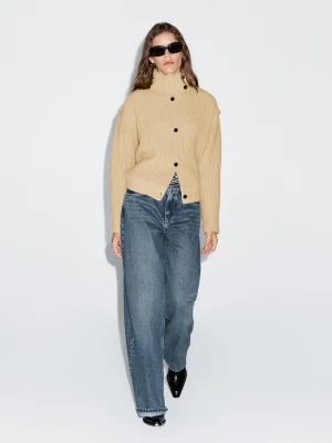 Kardigan Ze 100% Wełny Z Golfem - Oliwkowy - - Massimo Dutti - Kobieta
