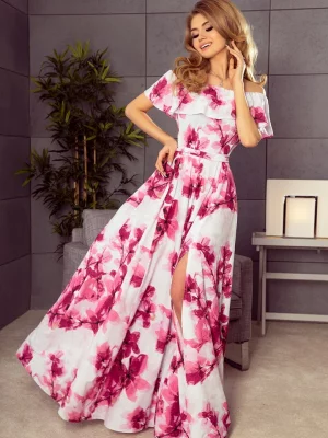 194-2 Długa suknia z hiszpańskim dekoltem - duże różowe kwiaty Numoco