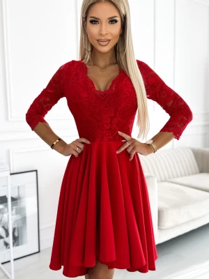210-16 NICOLLE sukienka z koronkowym dekoltem i dłuższym tyłem - czerwona Numoco