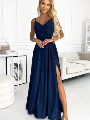 299-10 CHIARA elegancka maxi suknia na ramiączkach - GRANATOWA Z BROKATEM Numoco