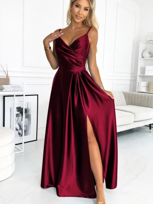 299-13 CHIARA elegancka maxi długa satynowa suknia na ramiączkach - BORDOWA Numoco