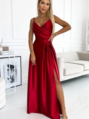 299-14 CHIARA elegancka maxi długa satynowa suknia na ramiączkach - CZERWONA Numoco