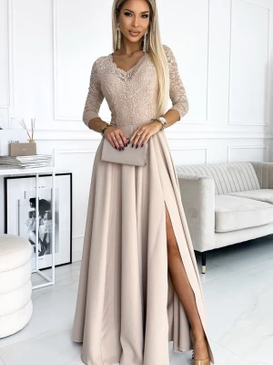 309-10 AMBER koronkowa elegancka długa suknia z dekoltem i rozcięciem na nogę - BEŻOWA Numoco