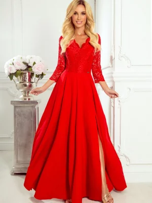 309-3 AMBER elegancka koronkowa długa suknia z dekoltem - CZERWONA Numoco