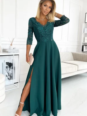 309-5 AMBER elegancka koronkowa długa suknia z dekoltem - ZIELEŃ BUTELKOWA Numoco
