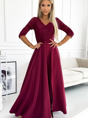309-9 AMBER elegancka długa suknia maxi z koronkowym dekoltem - BORDOWA Numoco