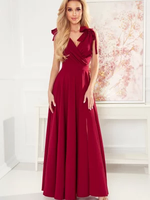 405-1 ELENA Długa suknia z dekoltem i wiązaniami na ramionach - BORDOWA Numoco