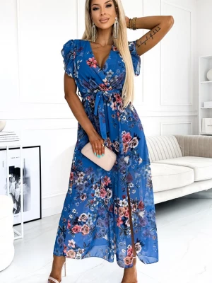 473-1 ARIA Długa sukienka z dekoltem i krótkim rękawkiem - NIEBIESKA w kwiaty Numoco