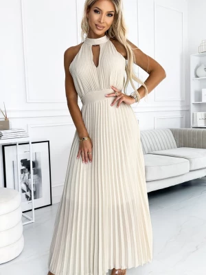 484-1 Plisowana sukienka midi z wycięciem w kształcie łezki na dekolcie - BEŻOWA Numoco