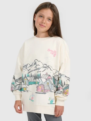 4F Bluza dresowa loose nierozpinana bez kaptura dziewczęca - biała 134/140 (8-10 lat)