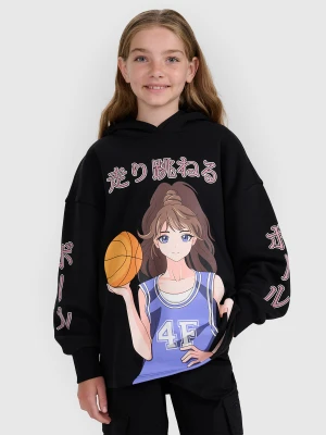 4F Bluza dresowa nierozpinana z kapturem dziewczęca - czarna 152 (11-12 lat)