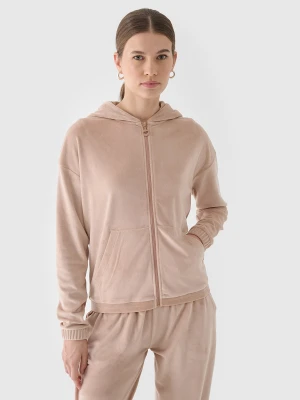 4F Bluza dresowa z weluru rozpinana z kapturem damska - beżowa XS