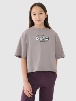 4F Crop top oversize z nadrukiem dziewczęcy - beżowy 158 (12-13 lat)
