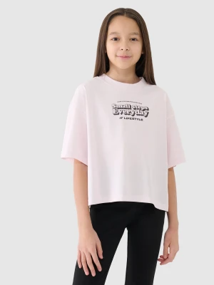 4F Crop top oversize z nadrukiem dziewczęcy - beżowy 158 (12-13 lat)