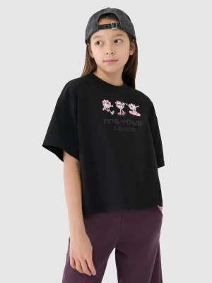 4F Crop top oversize z nadrukiem dziewczęcy - czarny 122 (6-7 lat)