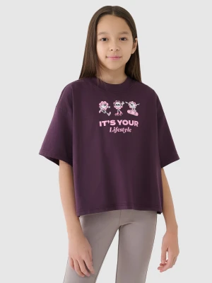 4F Crop top oversize z nadrukiem dziewczęcy - fioletowy 152 (11-12 lat)