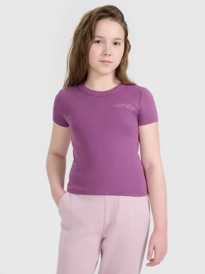 4F Crop top slim z nadrukiem dziewczęcy - fioletowy 164 (13-14 lat)