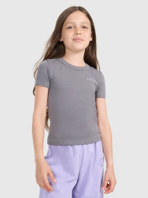 4F Crop top slim z nadrukiem dziewczęcy - szary 164 (13-14 lat)