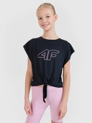 4F Crop-top sportowy regular z nadrukiem dziewczęcy - czarny 158/164 (12-14 lat)