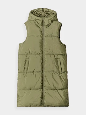 4F Długi bezrękawniki puchowy pikowany z kapturem damski - khaki XS