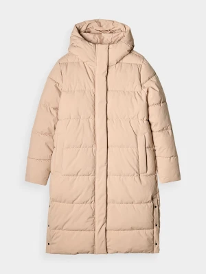 4F Długi płaszcz puchowy z syntetycznym wypełnieniem damski - beżowy XXL
