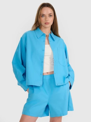4F Koszula oversize z kołnierzykiem damska - niebieska XS