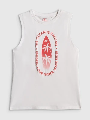 4F Koszulka bez rękawów regular z nadrukiem chłopięca - biała 152 (11-12 lat)