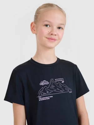 4F Koszulka trekkingowa slim z nadrukiem dziewczęca - czarna 134/140 (8-10 lat)