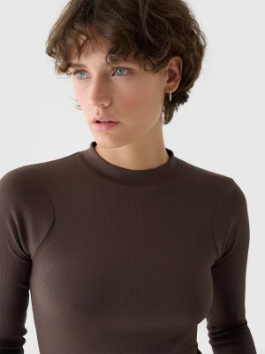 4F Longsleeve slim z prążkowanej dzianiny z modalem damski - brązowy XS