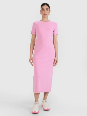 4F Sukienka midi z prążkowanej dzianiny damska - różowa S