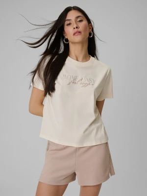 4F T-shirt boxy z nadrukiem damski - beżowy XS