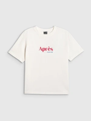 4F T-shirt boxy z nadrukiem damski - beżowy S