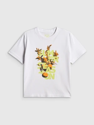 4F T-shirt boxy z nadrukiem damski - biały S