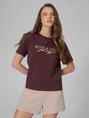 4F T-shirt boxy z nadrukiem damski - brązowy S