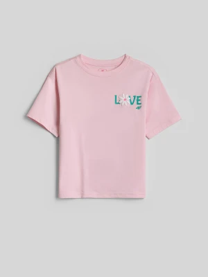 4F T-shirt boxy z nadrukiem dziewczęcy - różowy 134/140 (8-10 lat)