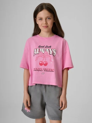 4F T-shirt boxy z nadrukiem dziewczęcy - różowy 134/140 (8-10 lat)