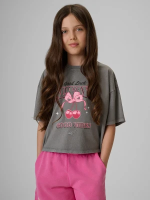 4F T-shirt boxy z nadrukiem dziewczęcy - szary 134/140 (8-10 lat)
